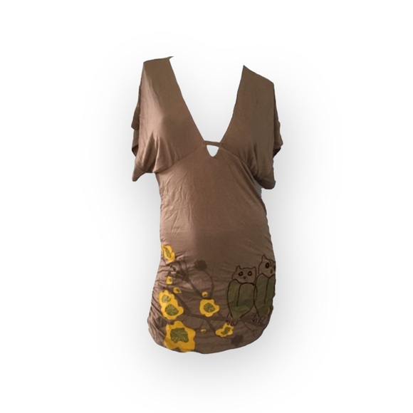 new Lure Fashion Keepsake 𑁍 Floral Owl Stretch Jersey Knit Dress 𑁍 Latte Large - Picture 3 of 16